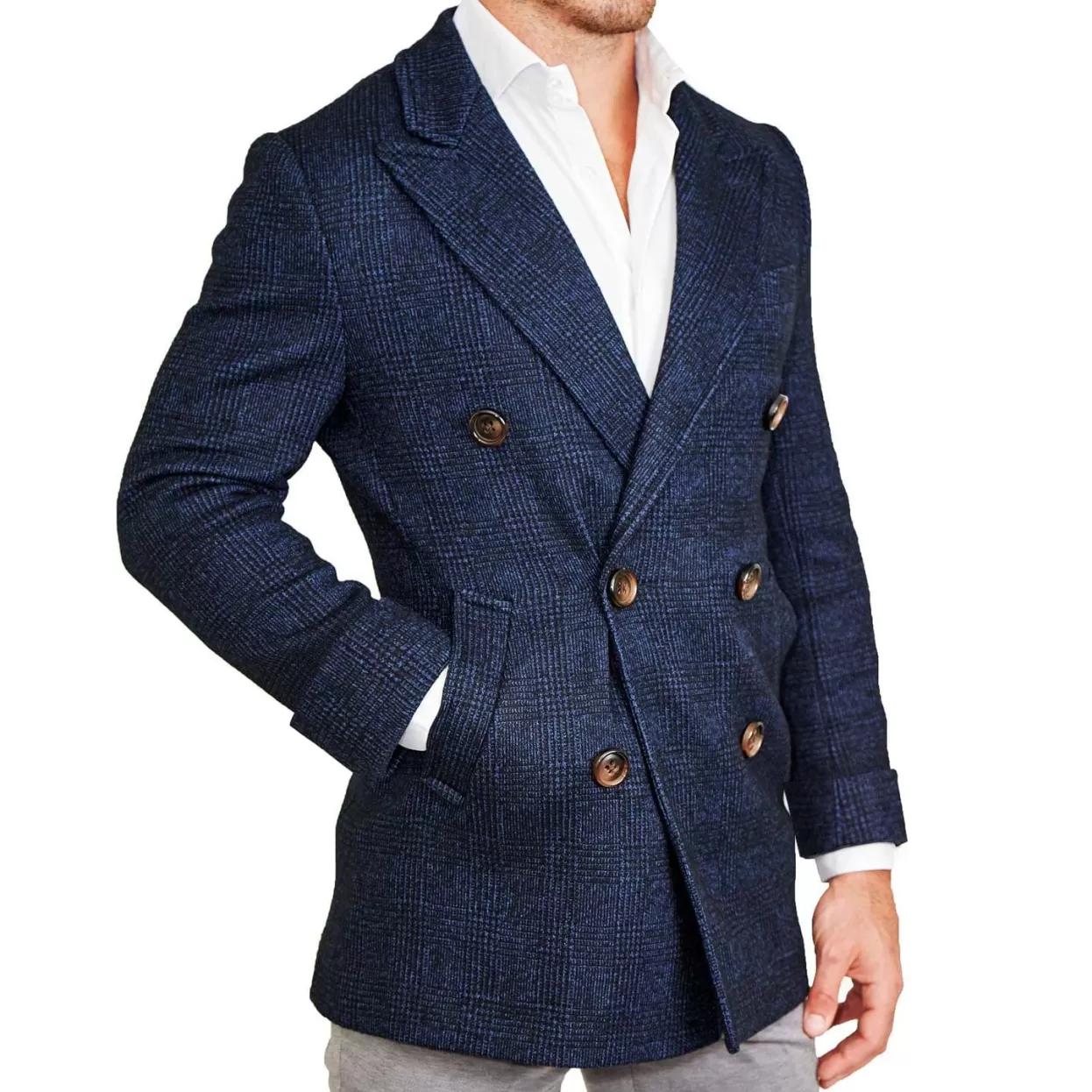 State and Liberty Navy Plaid Double-Breasted Overcoat Outlet