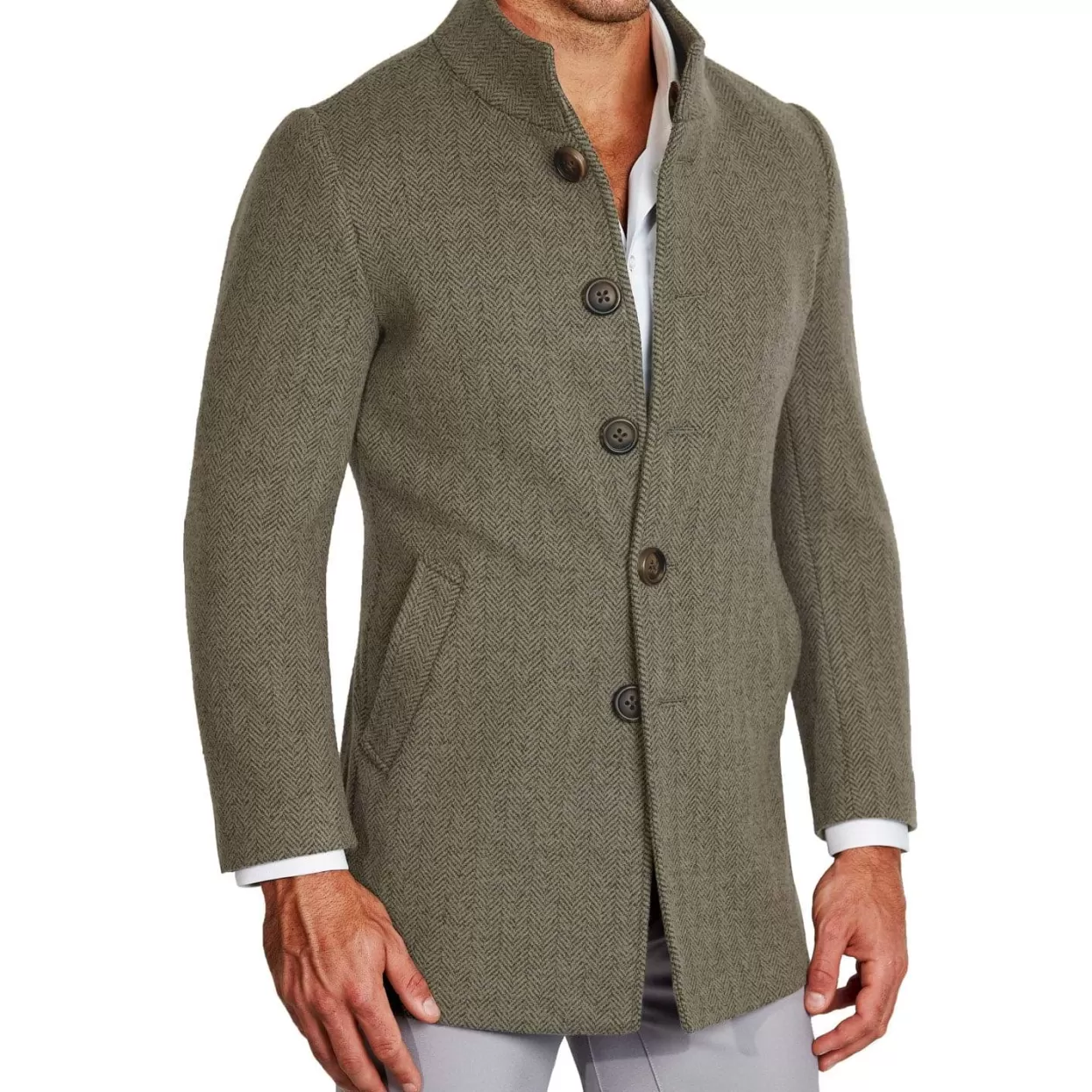 State and Liberty Olive Herringbone Open Button Overcoat Outlet