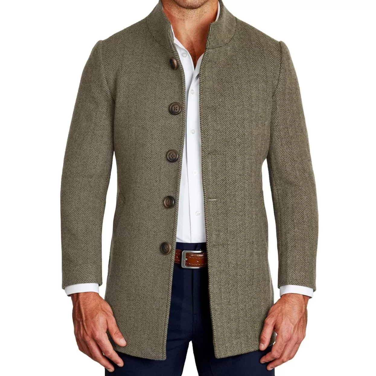 State and Liberty Olive Herringbone Open Button Overcoat Outlet