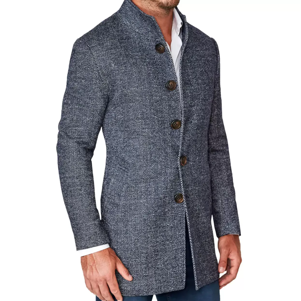 State and Liberty Open Button Overcoat - Navy Herringbone New