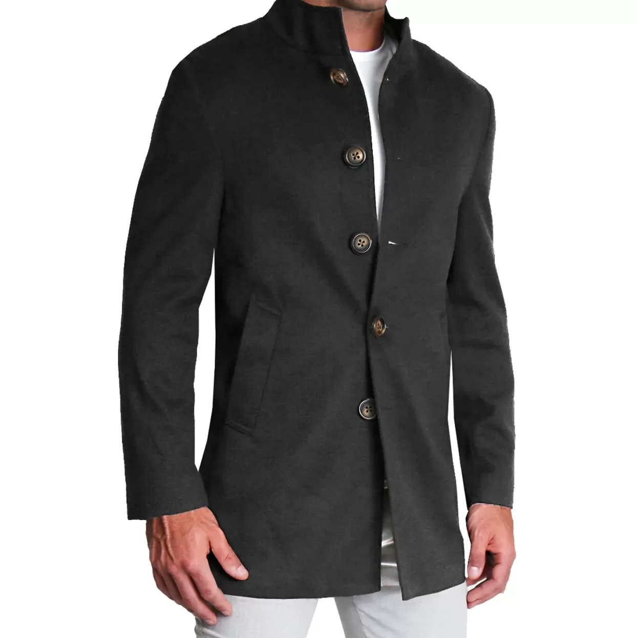 State and Liberty Solid Black Open Button Overcoat Shop